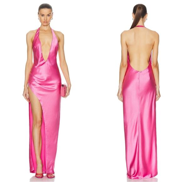 Retrofete Valeria Halterneck Open Back High Slit Maxi Dress in Candy Pink Sz L - Picture 2 of 8
